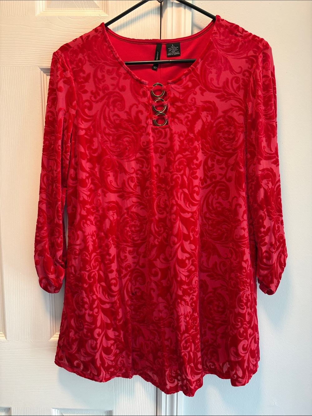 new directions Red Velvet Burnout Tunic with Metallic Ring Accents